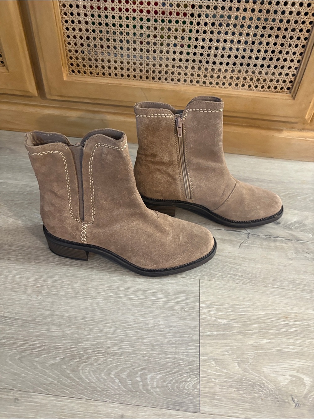 Clarks Taupe Suede Ankle Booties with Side Zip